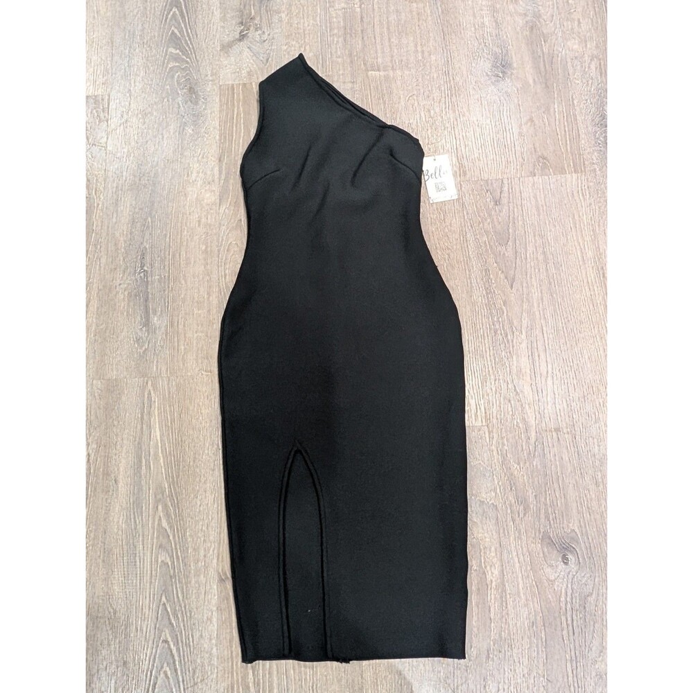Bella Barnett Black One-Shoulder Midi Dress Slit Size S Small Cocktail Party